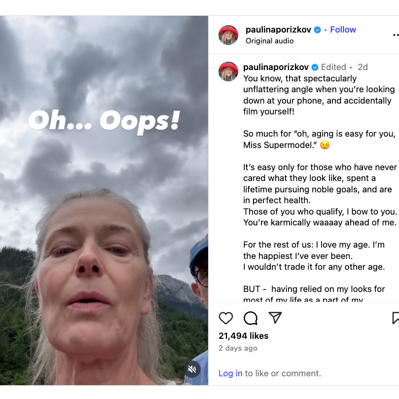 an instagram post showing paulina porizkova's face from an awkward angle